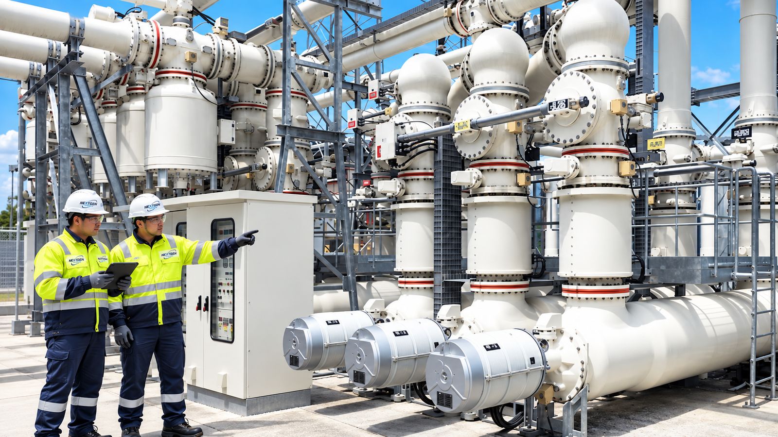 Two NEXTGEN POWER engineers inspecting an outdoor GIS substation
