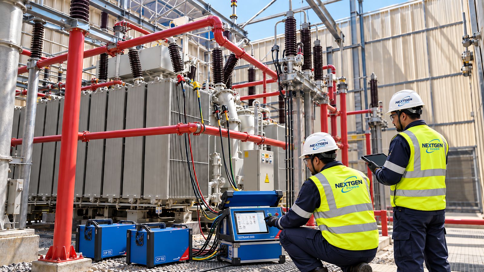NEXTGEN POWER engineers testing a power transformer with test equipment